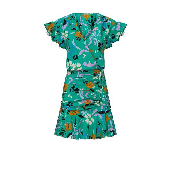 VERONICA BEARD Green Floral Printed Silk Ruched Ruffled Maria Dress Size 4 - Picture 4 of 16